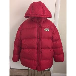 Coach Burgundy Puffer Jacket Hooded Size L Winter Down Style Red Coat